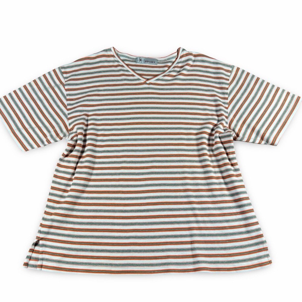 Women's‎ 3/4 Sleeve Shirt Cotton Striped Orange Green White Large L Heavy Cotton